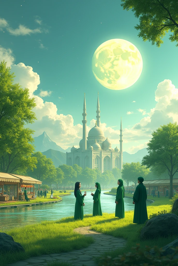 Massive green field , flowing river of fresh water, full moon on the sky, mapple trees on the river side, heaven man are in green hijab are gossiping in heaven besides them a shop of fruits, sweats, ornaments, every shop titled that free. Besides it a palace made of pearls 