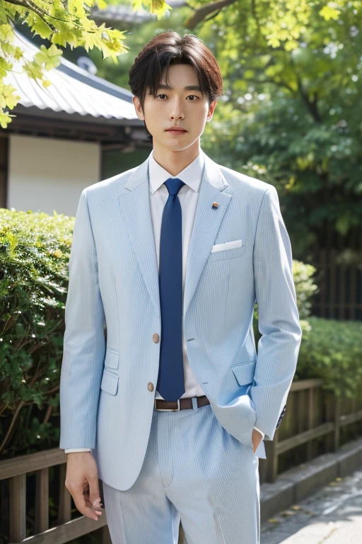 (One wearing a full light blue striped suit、White shirt、tie、Japanese man about 180cm tall)、best quality、masterpiece、Ultra-high resolution、(Photo realism:1.4)、original photo、(街道上One wearing a full light blue striped suit、White shirt、打tie的年輕英俊的日本男人、Standing under the ginkgo tree、Yellow and big ginkgo leaves、Clear details of leaves)、(There is a white BMW840I next to the man、Man&#39;s hands on car roof) shadow、Octane Rendering、8K、super sharp、real light、(There is only one white BMW on the street、man&#39;s shining eyes、looking in the direction of the camera)、super high quality、High target、gentleman、very beautiful hair、Bright photos、The man is as handsome as a model and as handsome as an idol,Professional profile photo, Professional portraits、Realistic portraits, Detailed color portrait, Idol portrait, high quality photos.