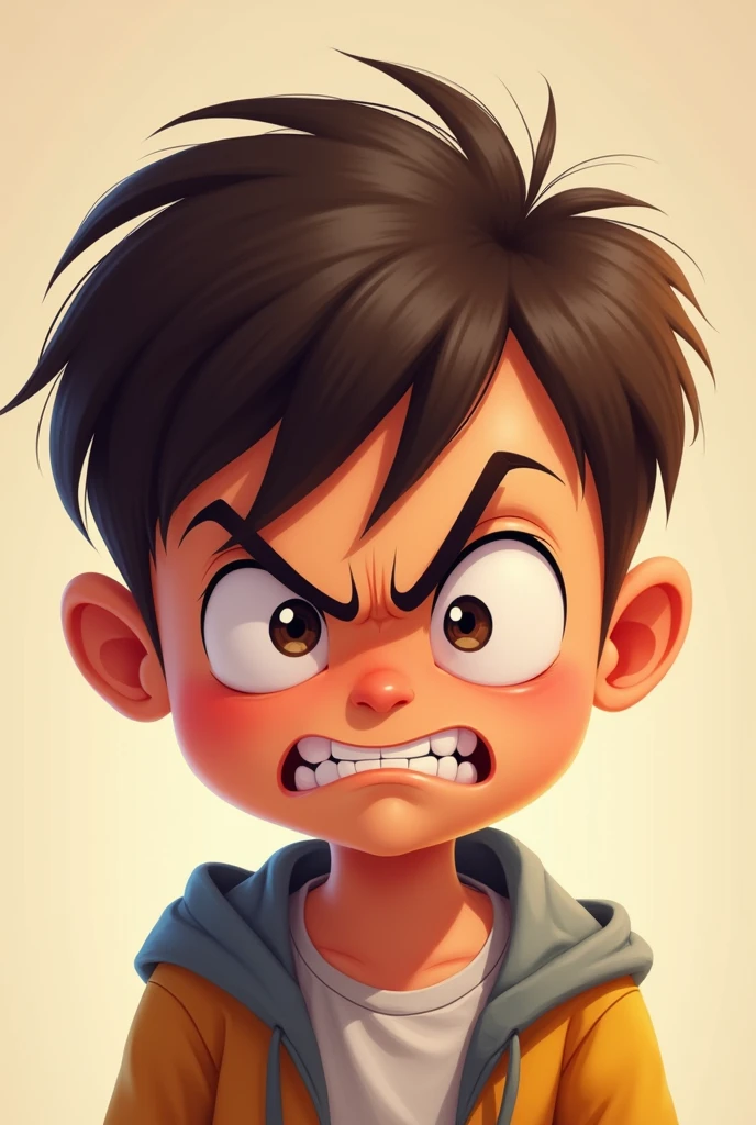 character: A boy or girl of about 8-, with an angry facial expression. The character may be frowning, with eyebrows arched down and eyes wide open, which conveys the intensity of emotion. Image for children