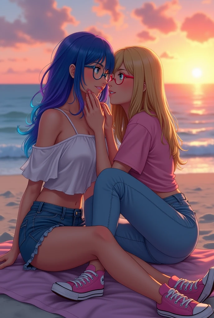 Art of two girlfriends, one with blue hair with purple highlights and the other blonde with straight hair. The blonde is wearing a casual feminine look., pink with jeans, They both wear silver prescription glasses too. The one with blue hair wears a denim mini skirt and a white crop top., both pink all star. They are on the beach at dusk, sitting on a bath towel hugging each other side by side, the blonde is lying on the blue-haired girl&#39;s lap while she strokes her blonde hair. 