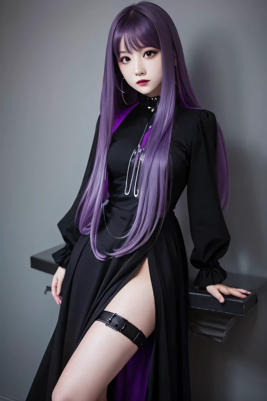 girl，Long Hair，Purple hair color，Black Dress，whole body，Long sleeve，Goth