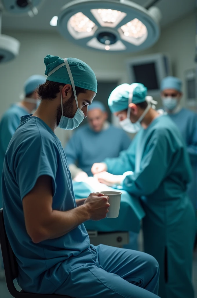 Anesthesiologist having cofee while surgens doing operation