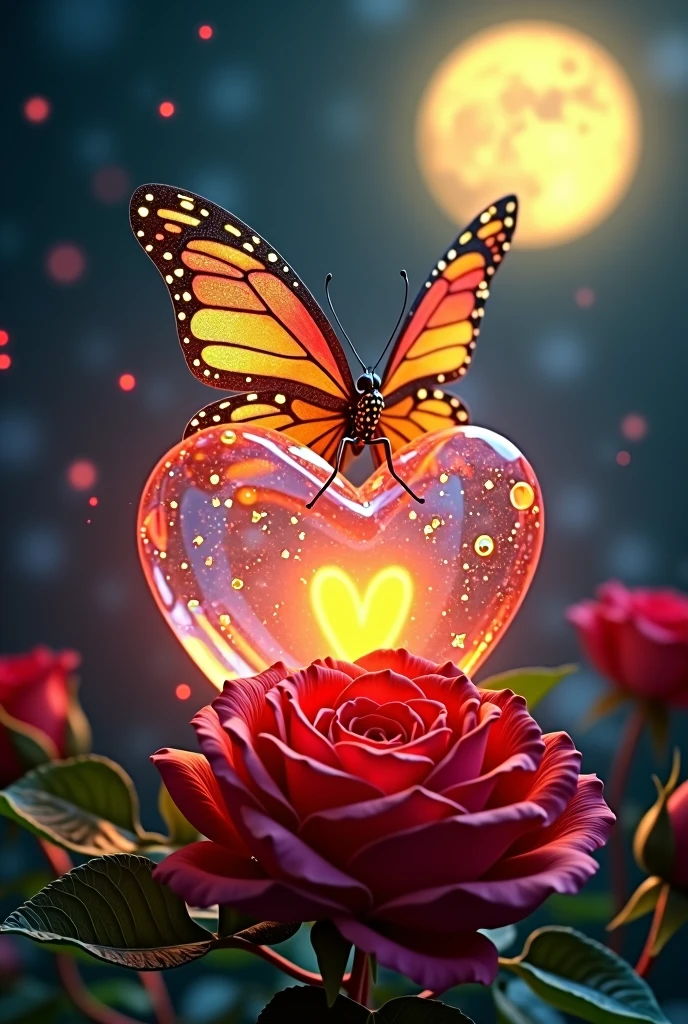 A captivating and eye catching image of a big colourful with golden sprinkle on wings sitting on a trans lucent heart filled with glow of love and warmth. The beautiful huge red rose with leaves lies before the heart  The whole scene creates a mesmerising view in a dark night with a big full glowing yellow moon in the sky.