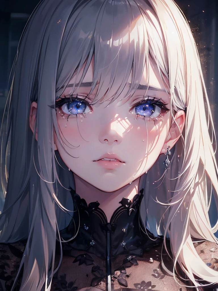 1girl, crying face, beautiful detailed eyes, beautiful detailed lips, extremely detailed face, longeyelashes, portrait, cinematic lighting, realistic, photorealistic, 8k, (best quality, masterpiece:1.2), ultra-detailed, emotionalpose, tears streaming down cheeks, dramatic lighting, moody, somber, melancholic, dark color palette, chiaroscuro