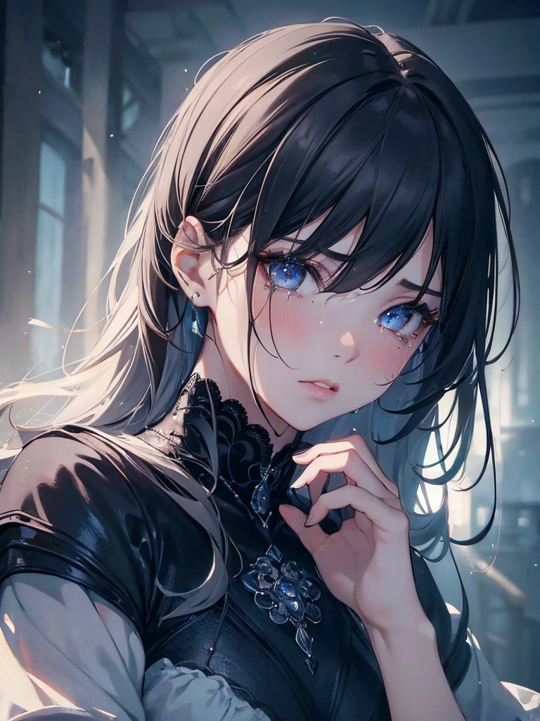 1girl, crying face, beautiful detailed eyes, beautiful detailed lips, extremely detailed face, longeyelashes, portrait, cinematic lighting, realistic, photorealistic, 8k, (best quality, masterpiece:1.2), ultra-detailed, emotionalpose, tears streaming down cheeks, dramatic lighting, moody, somber, melancholic, dark color palette, chiaroscuro