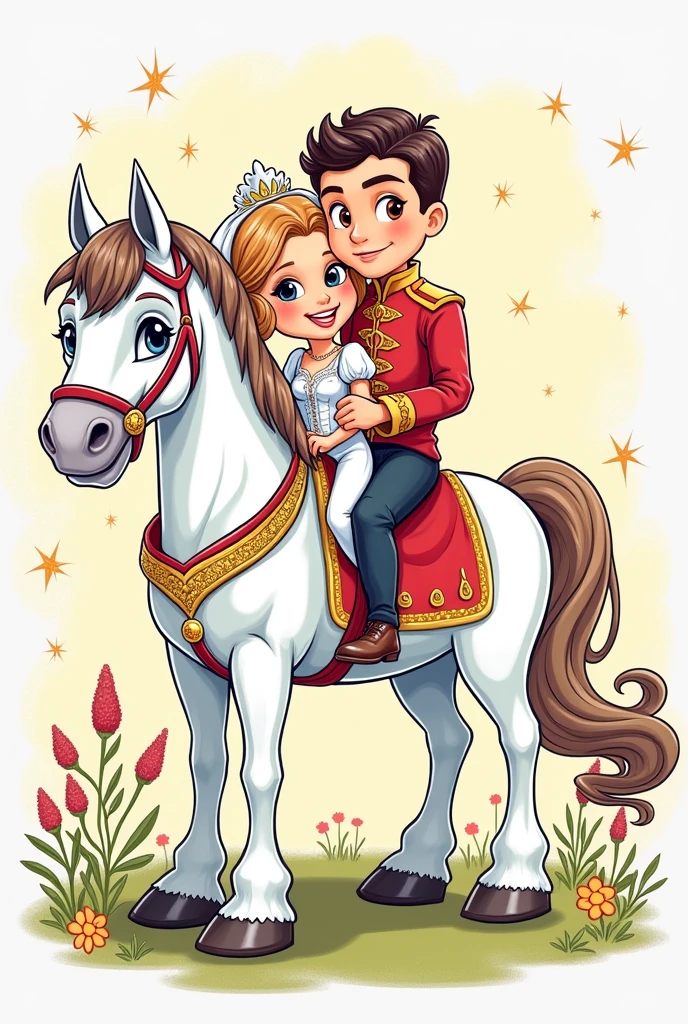 High detail vector drawing of a princess and prince&#39;s wedding on a white horse. The drawing is in a cartoonish way and they show their entire bodies in the picture. Colorful line art drawing. Vector drawing. 