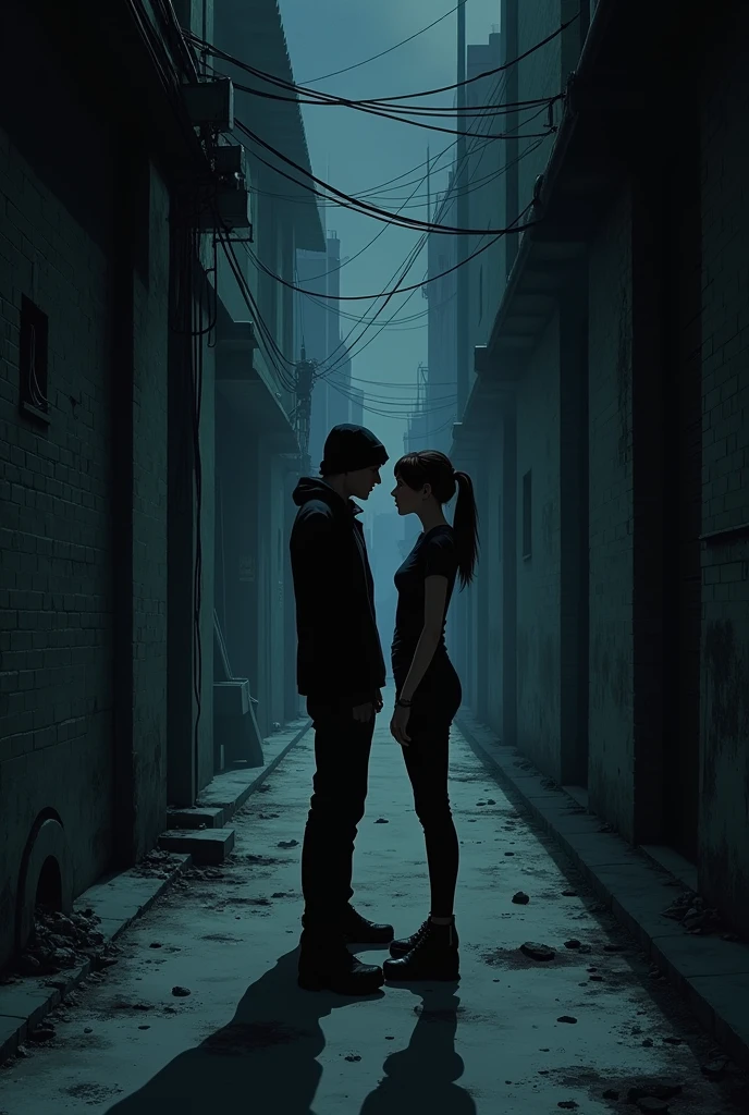 A dimly lit narrow alley at night with two characters: a man dressed in dark clothes with a black beanie (the thief) and a woman in casual clothing. They are standing close together, whispering and looking around cautiously. The setting suggests they are preparing for a heist.