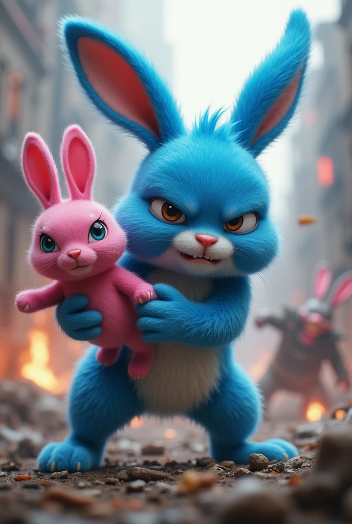 A Blue bunny with pink rabbit in hand at battle situation in realistic smile with gun