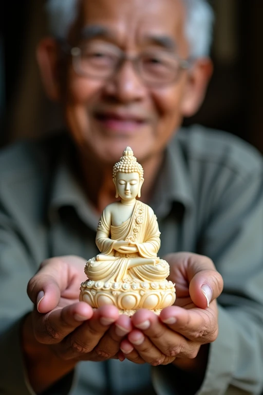 Smallest Buddha statue in the world, as big as thumb, female Buddha statue, made of ivory, very elaborate, beautiful ornament\(flowers, lotus, etc\) carved, fearless face, covered with clear case and made into a pendant, Thailand old man holding it in his hand with great care and showing it happily, focus on the Buddha statue, close-up photo of Buddha statue