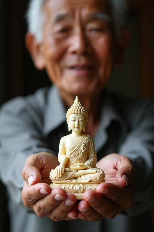 Smallest Buddha statue in the world, as big as thumb, female Buddha statue, made of ivory, very elaborate, beautiful ornament\(flowers, lotus, etc\) carved, fearless face, covered with clear case and made into a pendant, Thailand old man holding it in his hand with great care and showing it happily, focus on the Buddha statue, close-up photo of Buddha statue