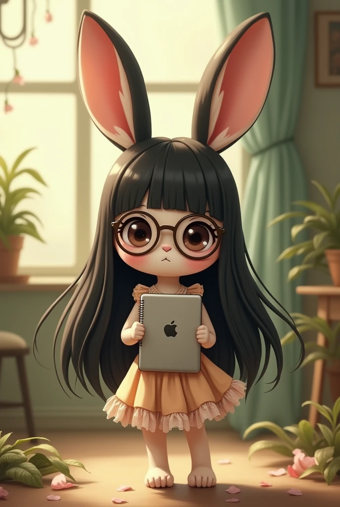 Cute bunny with long black hair and who wears glasses, is shy and has an iPad, wears a skirt and likes Fionna Apple