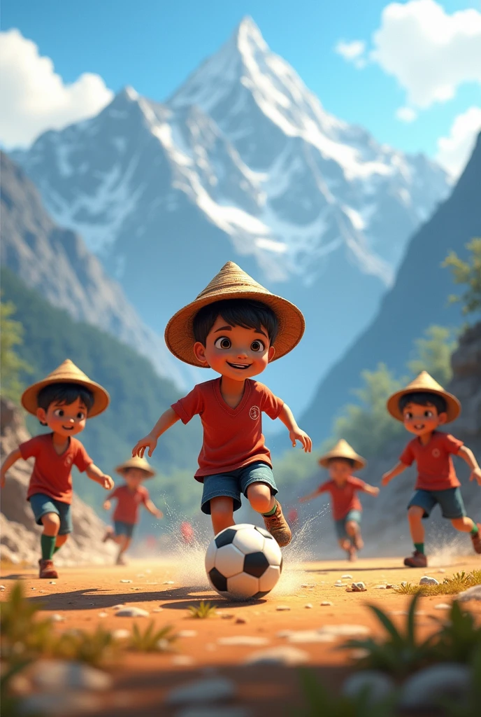 ren playing futsal where a boy is kicking ball, all players are wearing nepali hat playing at lab of himalayans range