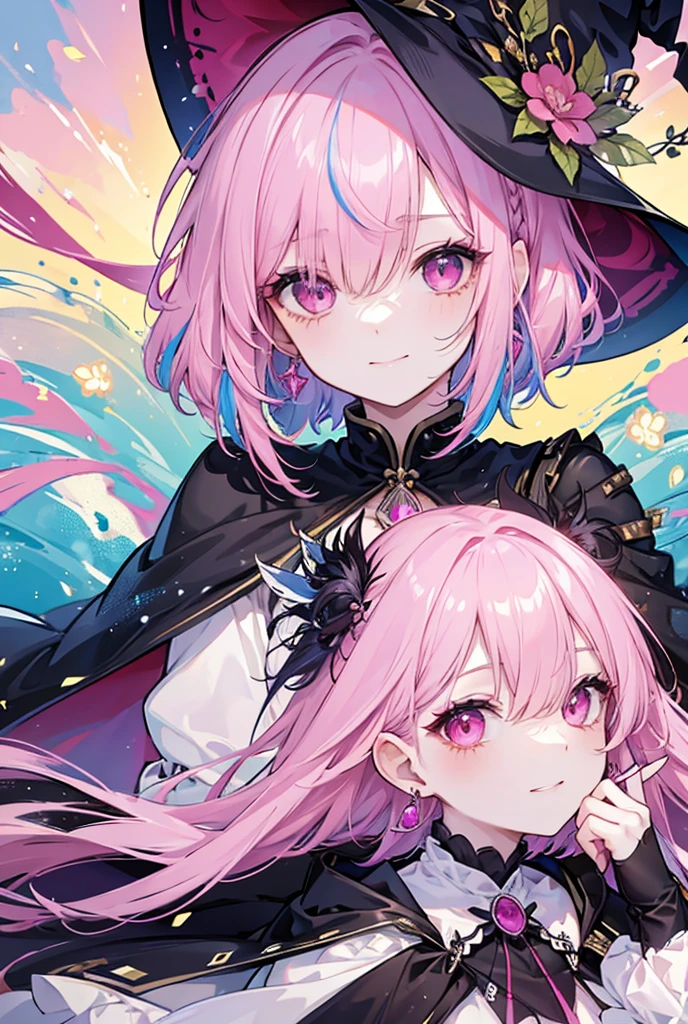 1 , detail, multi-colored hair, hair over one eye, medium hair, Caught on both sides, aretes, pink eyes, make-up, happy/glad, witch's hat, anime styling,