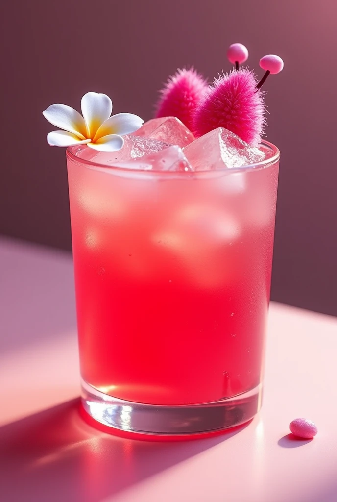 create a lotso bear drink (vilão de toy story), would be raspberry and pink vodka, It would be pink( contrast from light pink to a darker pink) with two pink flowers (clear) and two pink “bushes” too (a little darker) ice in the shape of balls, CHIC and chubby cup REALISTIC IMAGE