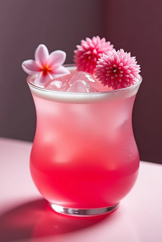 create a lotso bear drink (vilão de toy story), would be raspberry and pink vodka, It would be pink( contrast from light pink to a darker pink)  with two pink flowers (clear) and two pink “bushes” too (a little darker) ice in the shape of balls, CHIC and chubby cup REALISTIC IMAGE 