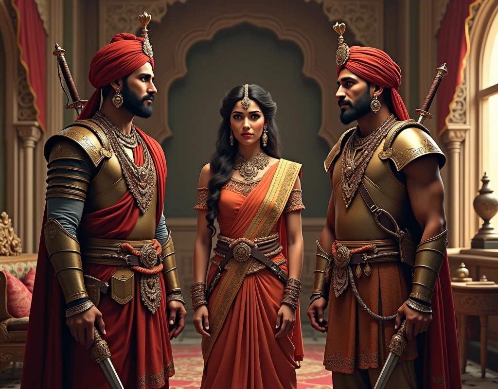Two rajput warrior and a female rajput warrior standing in our room talking together