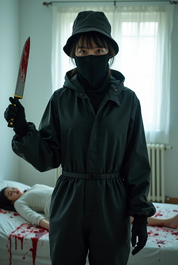 korean girl, (behind stiff, holding knife), stabbing, black balaclava mask, black gloves, white room, black raincoat, black wet suit, bucket hat, bloody knife, black gloves, low pony tail, woman on top, behind cadaver, blood splatter, on the bed, girl only, looking at viewer, mass murderer, killer, blood splatter, atmospheric realistic, light from the window,