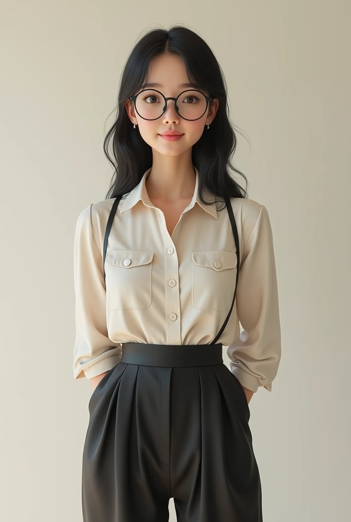 Draw a tall young woman with medium-long straight black hair, complexion media, black eyes with long eyelashes and round black glasses, light brown skin color, that she dresses feminine but elegant and modest and that she expresses her gender, which is heterosexual. .Whole body
