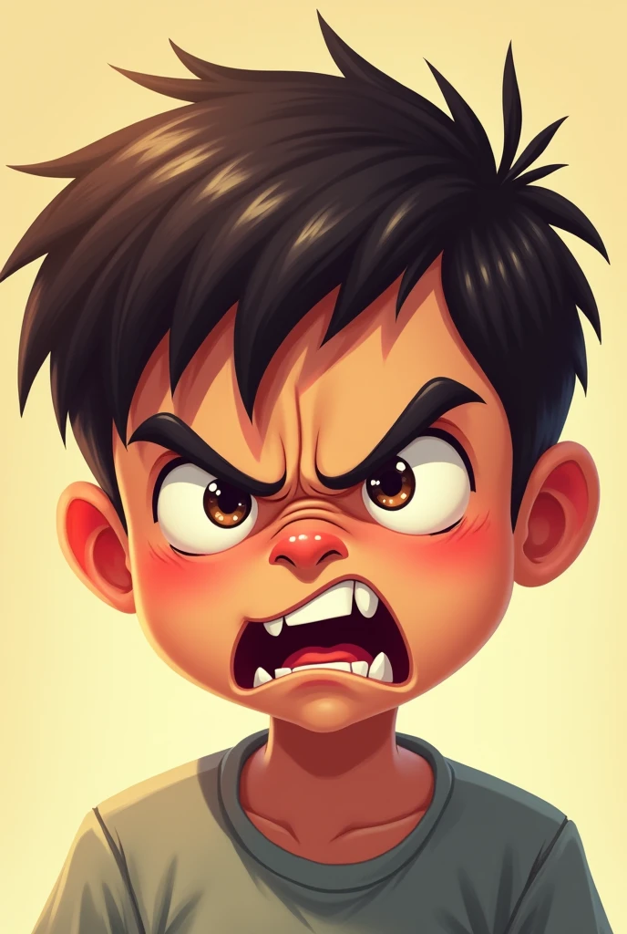 character: A boy or girl of about 8-, with an angry facial expression. The character may be frowning, with eyebrows arched down and eyes wide open, which conveys the intensity of emotion. Image for children 