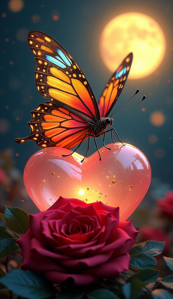 A captivating and eye catching image of a big colourful with golden sprinkle on wings sitting on a trans lucent heart filled with glow of love and warmth. The beautiful huge red rose with leaves lies before the heart  The whole scene creates a mesmerising view in a dark night with a big full glowing yellow moon in the sky.