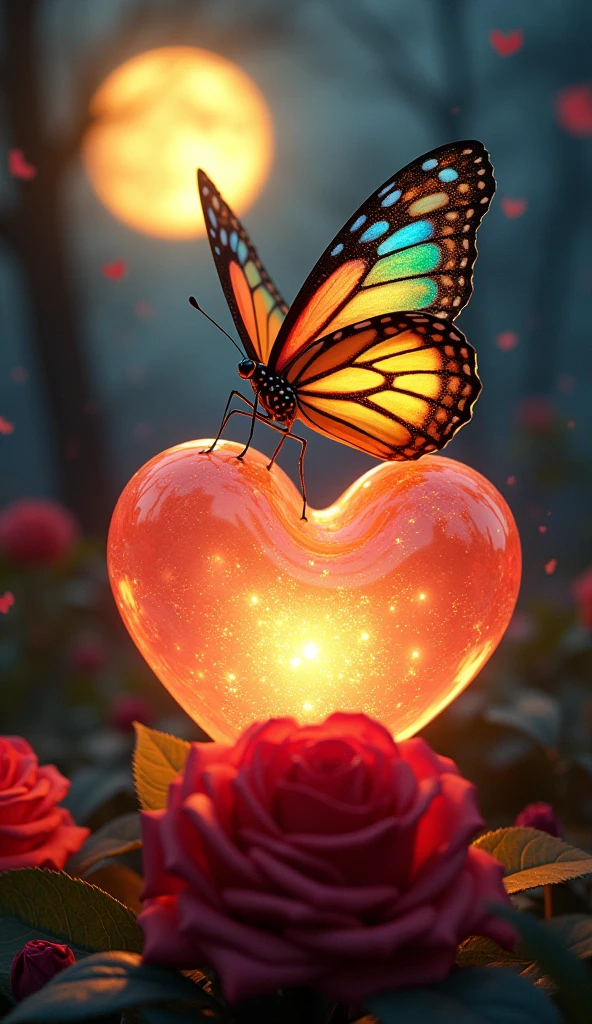 A captivating and eye catching image of a big colourful with golden sprinkle on wings sitting on a trans lucent heart filled with glow of love and warmth. The beautiful huge red rose with leaves lies before the heart The whole scene creates a mesmerising view in a dark night with a big full glowing yellow moon in the sky.