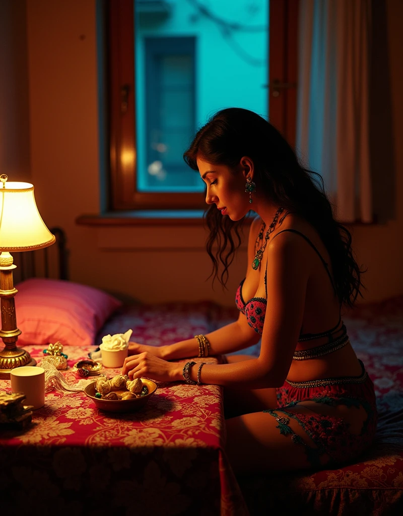 pretty hooker in Barcelona Spain, Roma gypsy woman, working in a dark cheap room, old lamp, weak light bulb, table with hand cream, baby oil, used tissues on bed, warm yogurt on bed and table, charms, trinkets, lurid vivid colors, Mario Bava aesthetic, Technicolor, cinematic volumetric lighting, intricate, highly detailed, HD, 8x 
