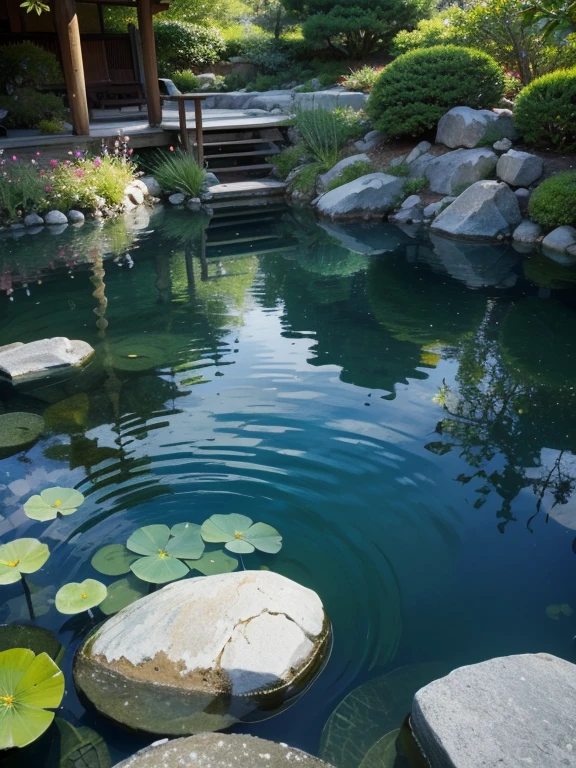 photorealistic image of a pond with clear water that shows the bottom, flower fish, Japanese style garden of smooth rocks surrounding the pond, ultra-high resolution, realistic, highly detailed 8K, masterpiece