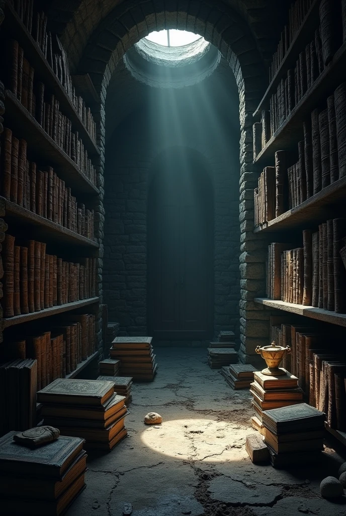 The hidden room is suffocating in its darkness, with the ancient artifacts and dusty tomes