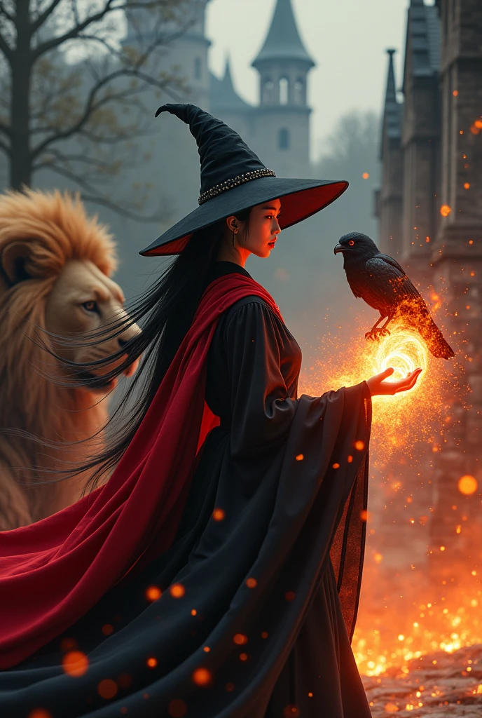 photo, asian woman, white skin, Facing straight, Fluffy black hair, Long slender fingers, Black witch cloak, Red Hood, black witch hat, Sexy, There is a fireball in his hand., There were several red sparks and red smoke coming out of his hand., A black owl stands on the right shoulder., A large golden lion appeared from the left rear side., The background is an old black European style castle.