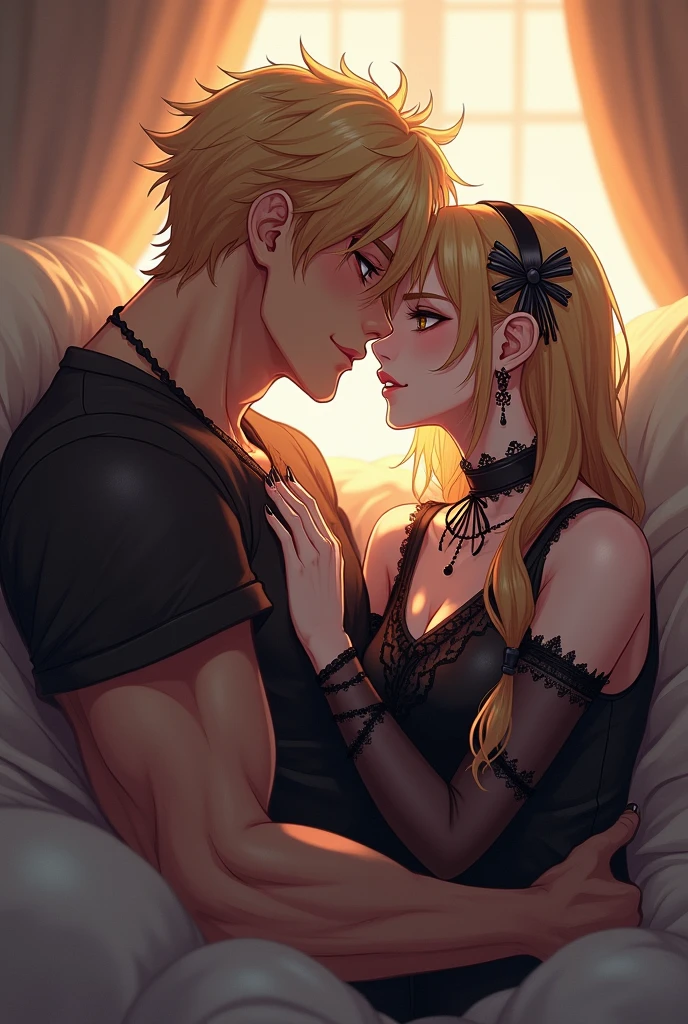 A very cute goth femboy boy with his strong blond boyfriend, they are very much in love with each other, The two spend a lot of time together and like to cuddle all the time., they are both approximately 2, Image made with anime lines