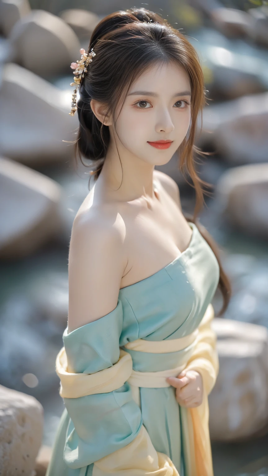 hanfu-song, Hanfu, song theme, try, Pipe top, ((bare shoulders)), ((whole body)), current, Fashion girl, red lips, aldult, cosmetic, big eyes, beautiful eyes, ((whole body)), ((from below)), (best quality, masterpiece:1.2), super detailed, (current:1.37), ((Sexy long legs)), beautiful, young and energetic, Charming model with (exquisite eyes, Detailed lips, extremely exquisite eyes), Show a bright smile, Create stunning girl images, warm color, Extremely high color saturation, official art, Extremely detailed CG unified 8k wallpaper,(high dynamic range :1.4), (Work),(pastel colors, The color is dull, soothing tone :1.3), (natural skin texture, ultra-current, soft light, sharp),(Very detailed), night, moonlight, ((in the mountains, plant, Leaning against the rocks)),Big ,