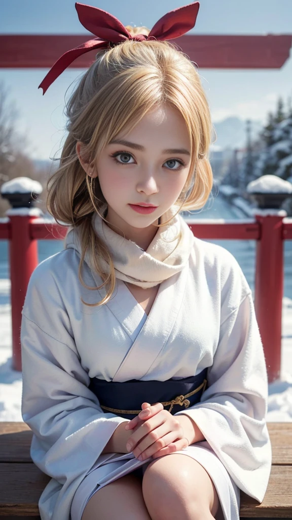 shrine, Torii gate, The appearance of the kimono, Furisode, White rabbit fur scarf, Snow landscape, (Uhard disk, retina, table top, precise, Anatomically correct, textured skin, Superb details, Highly detailed, High quality, best quality, high resolution, 1080P, hard disk, 4K, 8ก, 16 ก), (Beautifully detailed eyes, Beautifully detailed lips, Very detailed eyes and face), soft light, Physical rendering, bright colors, (Portrait, shiny hair, Shiny skin, Blush), (Bokeh), reflection of the eyes, (Beaming:1.5), (sit:1.2), blonde hair, Brief history, Long legs,