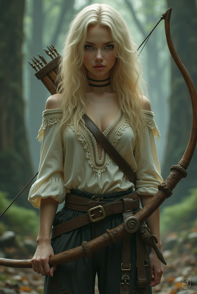 Women, dark blond hair, fae, wirh bow, trousers, from the front