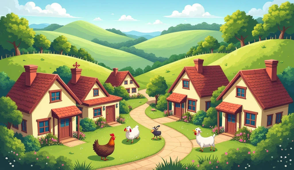 A quaint, colorful village with rolling hills and friendly animals.