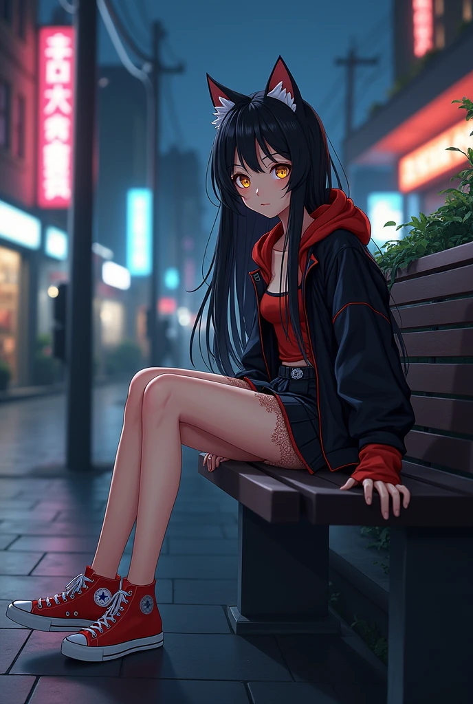 An anime girl who looks  with cat ears, very long black hair, hyuga, and big golden eyes., wearing black and red street style clothing with tennis shoes and a short skirt and lace stockings sitting on a bench at night 