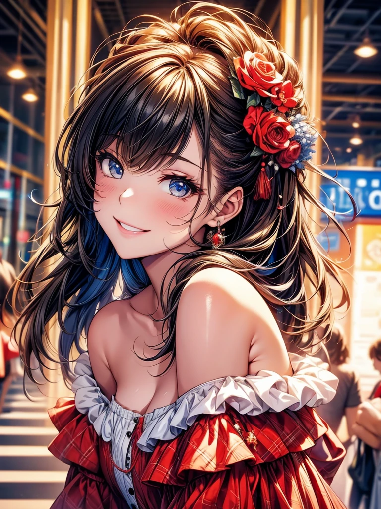 best quality, masterpiece, Ultra-high resolution, Reality, 1 Girl, Off-shoulder, Smile