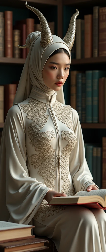 a beautiful asian muslimah woman with beautiful cheeks wears chinese dragon lycra turtleneck unitard catsuit covered with scales with tail.She always wear chinese dragon lycra dancewear hijab with horns.She reads many books.