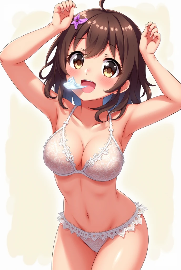An anime girl showing her ass with milk in her mouth in an excited pose in underwear 