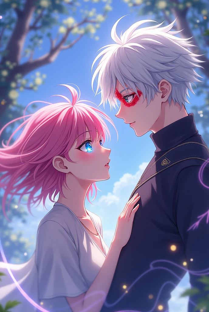 two anime characters, a with pink hair and star-shaped iris, and a 2 man with white hair and a red streak in his father's eyes.