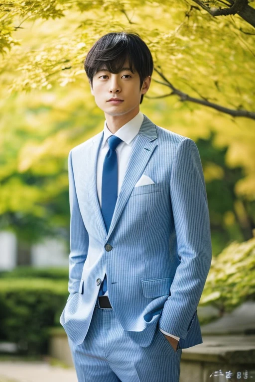 (One wearing a full light blue striped suit、White shirt、tie、Japanese man about 180cm tall)、best quality、masterpiece、Ultra-high resolution、(Photo realism:1.4)、original photo、(街道上One wearing a full light blue striped suit、White shirt、打tie的年輕英俊的日本男人、Standing under the ginkgo tree、Yellow and big ginkgo leaves、Clear details of leaves)、(There is a white BMW840I next to the man、Man's hands on car roof) shadow、Octane Rendering、8K、super sharp、real light、(There is only one white BMW on the street、man's shining eyes、looking in the direction of the camera)、super high quality、High target、gentleman、very beautiful hair、Bright photos、The man is as handsome as a model and as handsome as an idol,Professional profile photo, Professional portraits、Realistic portraits, Detailed color portrait, Idol portrait, high quality photos.