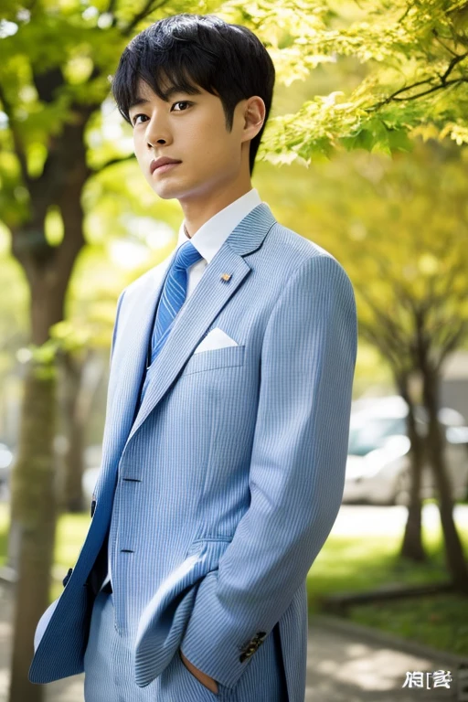 (One wearing a full light blue striped suit、White shirt、tie、Japanese man about 180cm tall)、best quality、masterpiece、Ultra-high resolution、(Photo realism:1.4)、original photo、(街道上One wearing a full light blue striped suit、White shirt、打tie的年輕英俊的日本男人、Standing under the ginkgo tree、Yellow and big ginkgo leaves、Clear details of leaves)、(There is a white BMW840I next to the man、Man&#39;s hands on car roof) shadow、Octane Rendering、8K、super sharp、real light、(There is only one white BMW on the street、man&#39;s shining eyes、looking in the direction of the camera)、super high quality、High target、gentleman、very beautiful hair、Bright photos、The man is as handsome as a model and as handsome as an idol,Professional profile photo, Professional portraits、Realistic portraits, Detailed color portrait, Idol portrait, high quality photos.