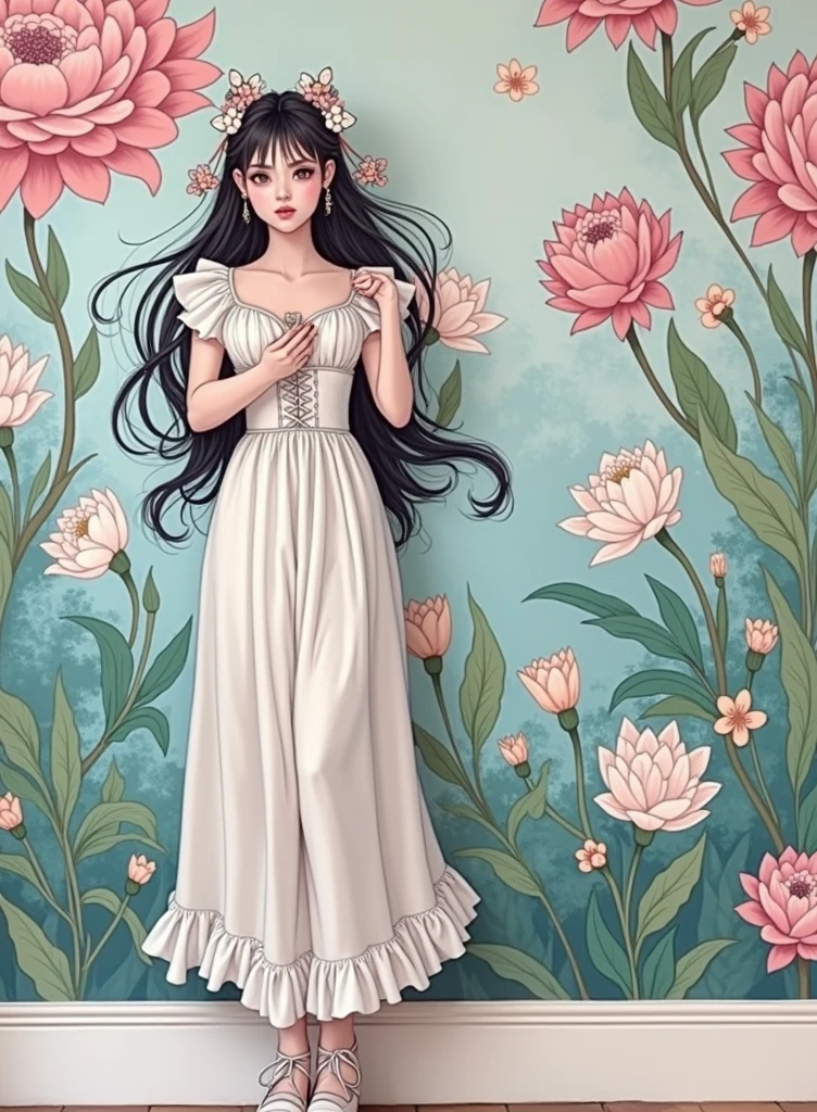 There is a woman standing in front of a wall with a floral mural on it.ใ, Written by Ayami Kojima, ๐ฟ๐๐, โค๐ฅ๐๐ช, shikamimi, ๐ ๐ง ๐ ๐ง, ๐๐๐พ, ๐คฌ ๐คฎ ๐ ๐, Fairy Core, My motto is Teshirogi, ๐ ๐ก ๐ ๐ง