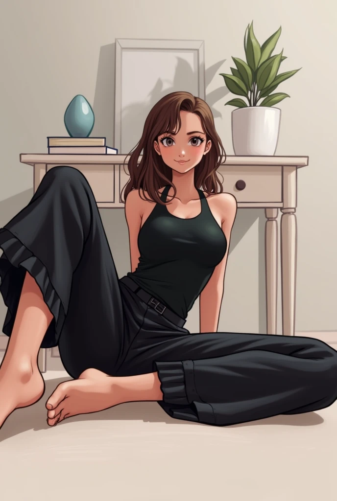 Young and cute 1 girl with long brown hair wearing dark green clothes