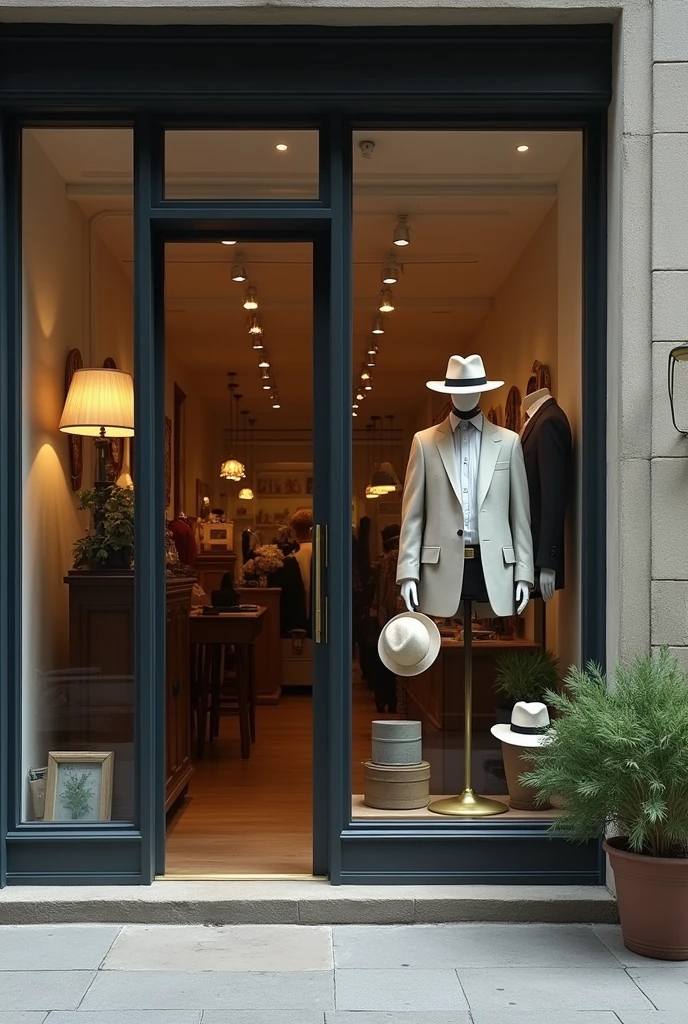 Vintage men&#39;s fashion store facade a mannequin hats retro glass elegant retro minimalist style lampshade summer 