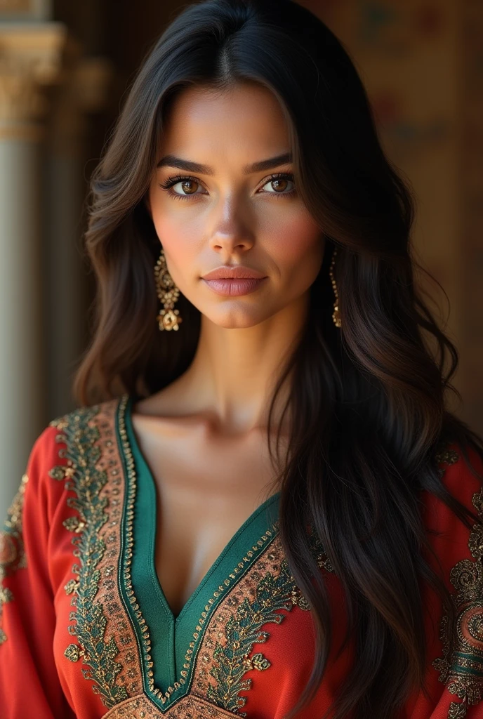 Beautiful woman with long soft hair, brunette, evening makeup, traditional Algerian dress, authentic Algerian woman,
