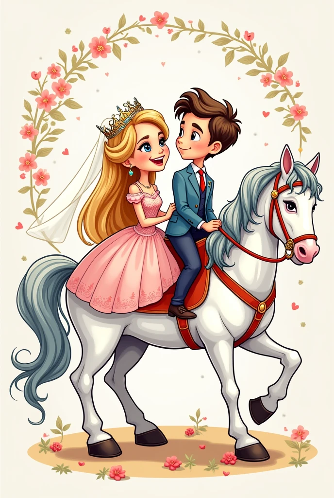 High detail vector drawing of a princess and prince's wedding on a white horse. The drawing is in a cartoonish way and they show their entire bodies in the picture. Colorful line art drawing. Vector drawing.