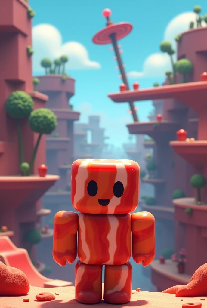 Make a hard roblox obby picture and give the title "CAN YOU BEAT IT?!" And make a roblox bacon standing there and make it a bit cartoonish like roblox