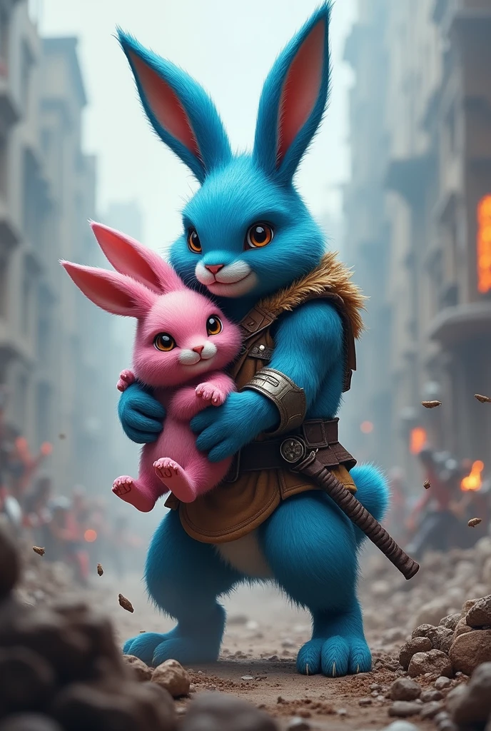 A Blue bunny with pink rabbit in hand at battle situation in realistic smile 
