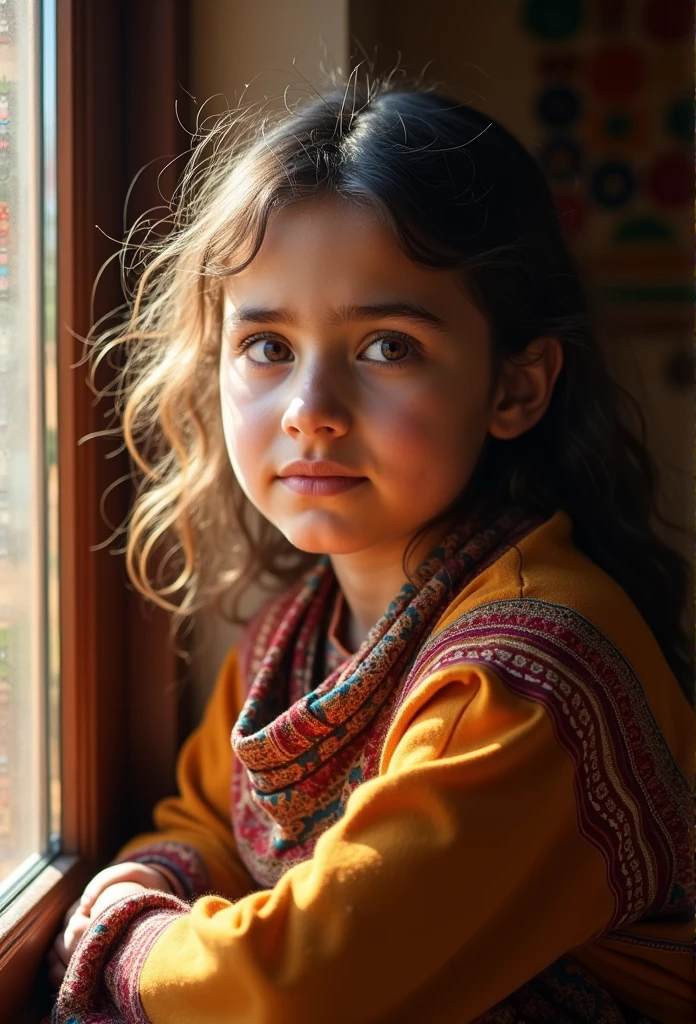 A close-up photograph of a young Rifian person with light brown eyes and brown; light skin hair, wearing traditional Amazigh attire. They are sitting by a window, with soft, warm sunlight streaming in and highlighting the intricate patterns of their clothing. The expression on their face is contemplative, capturing a sense of curiosity and inner strength. The background is softly blurred, with hints of traditional Rifian decorations, adding depth and cultural context to the scene