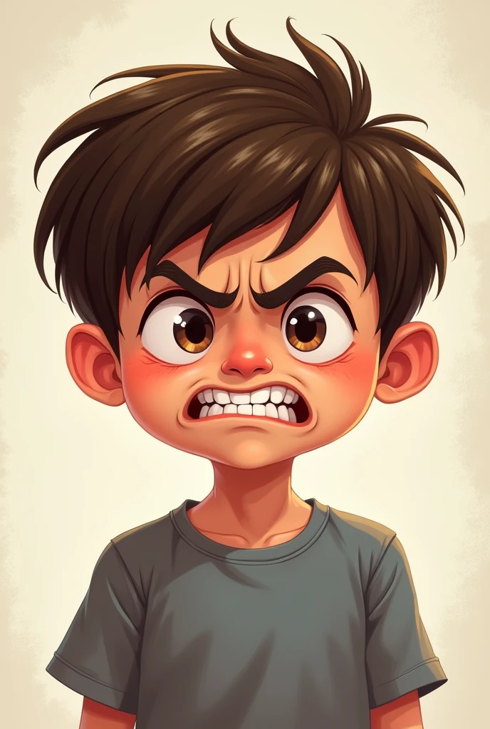 character: A boy or girl of about 8-, with an angry facial expression. The character may be frowning, with eyebrows arched down and eyes wide open, which conveys the intensity of emotion. Image for children 
